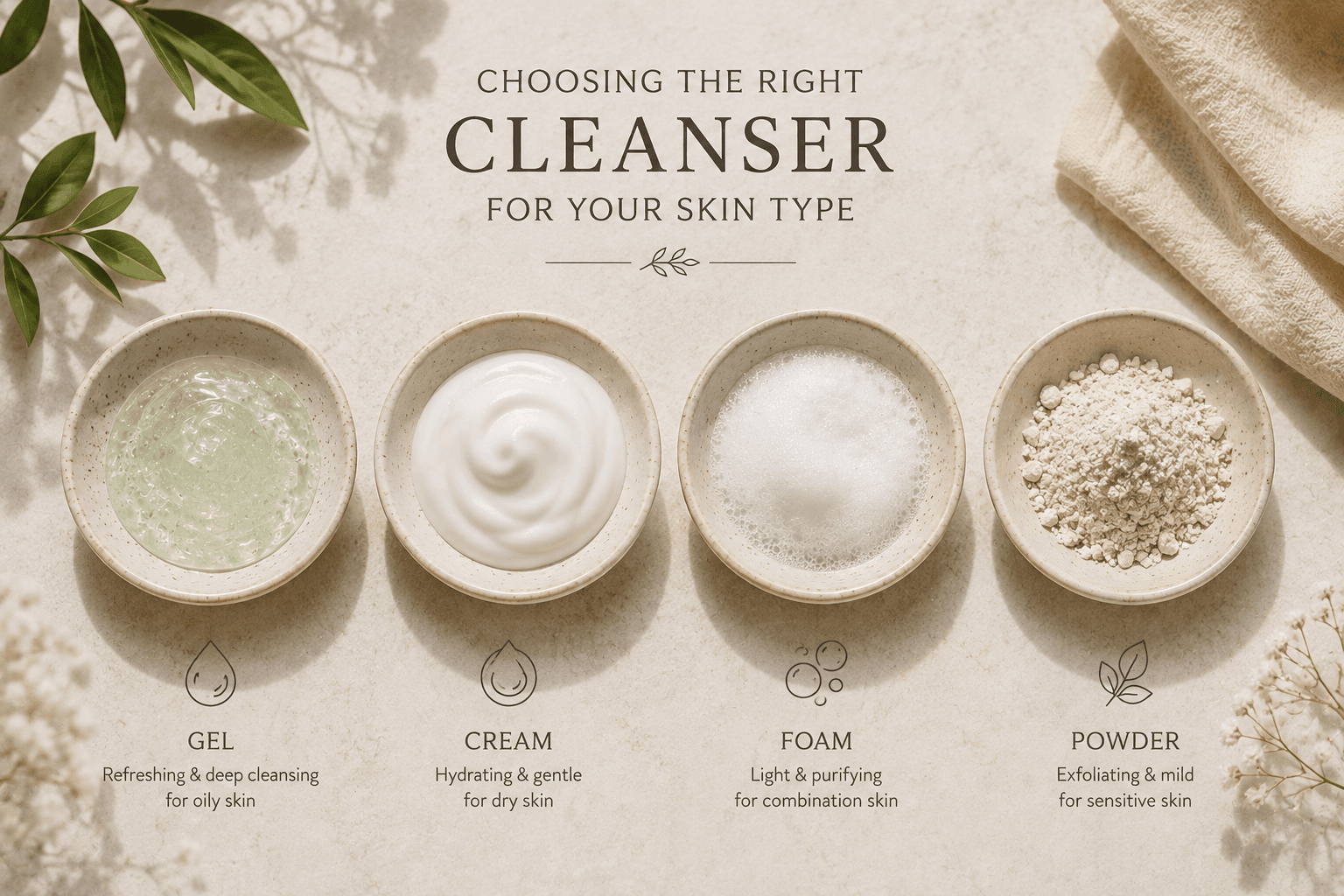 Different cleanser textures in small bowls