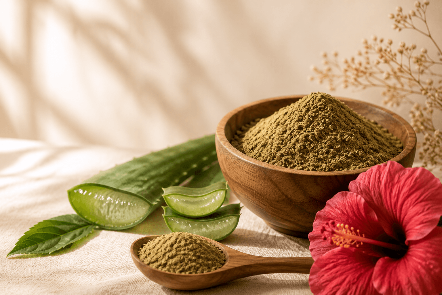 Bowl of herbal hair pack powder with aloe vera and hibiscus