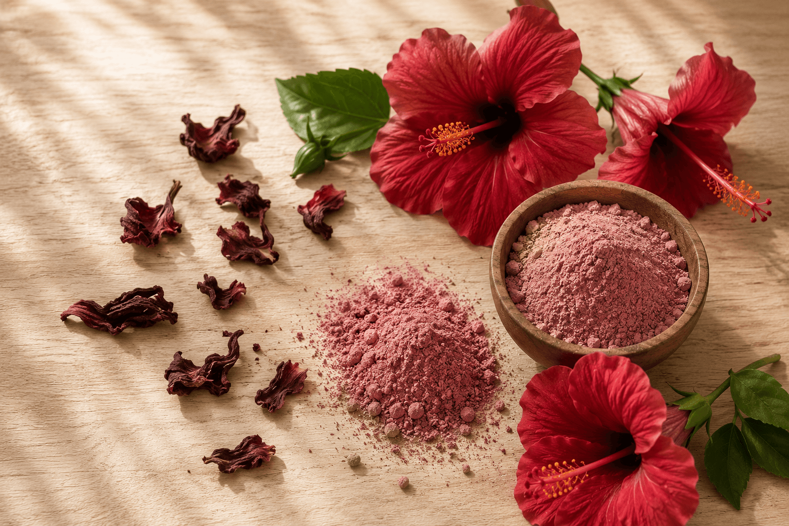Fresh hibiscus flowers and powdered hibiscus