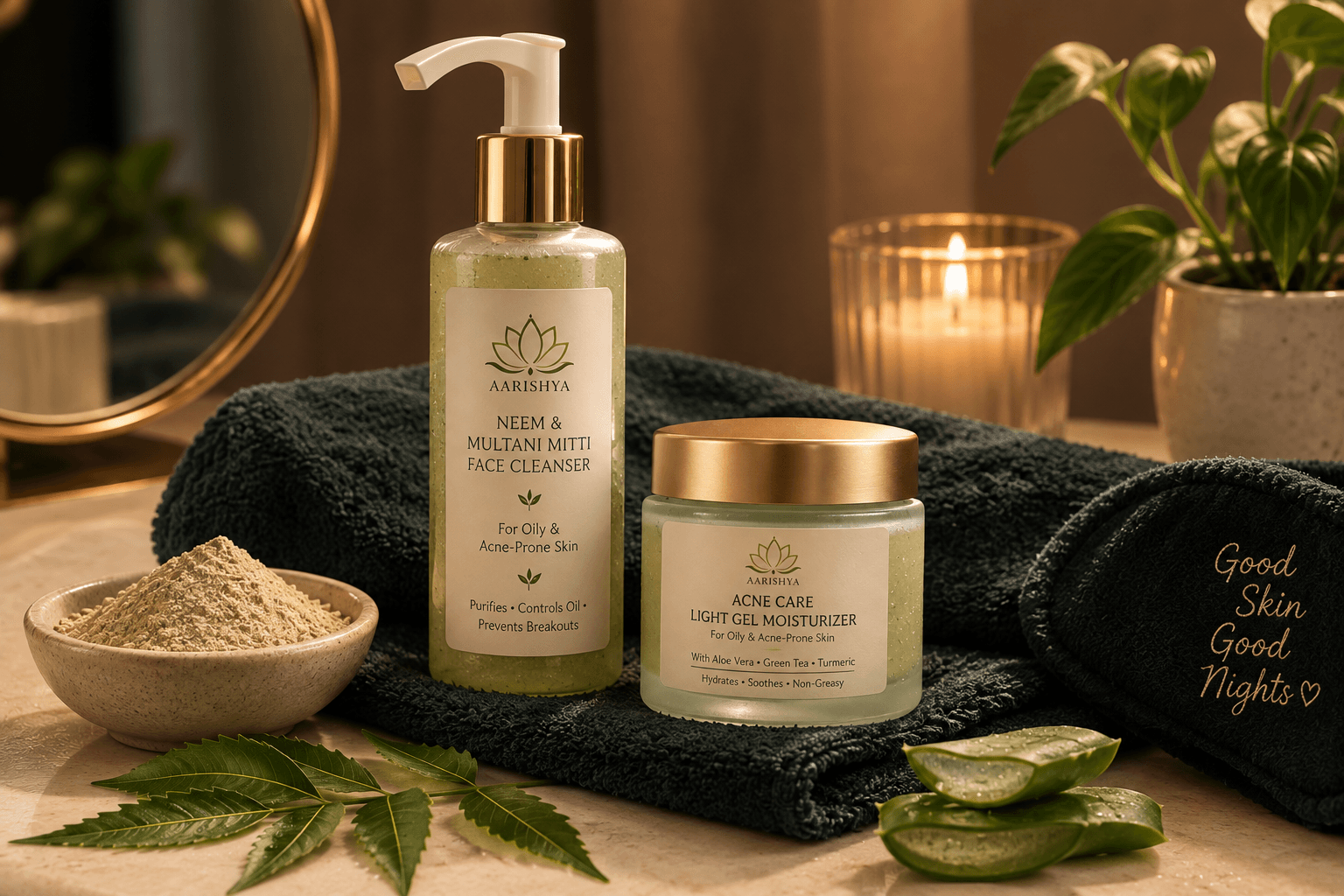 Nighttime skincare products on a dark towel