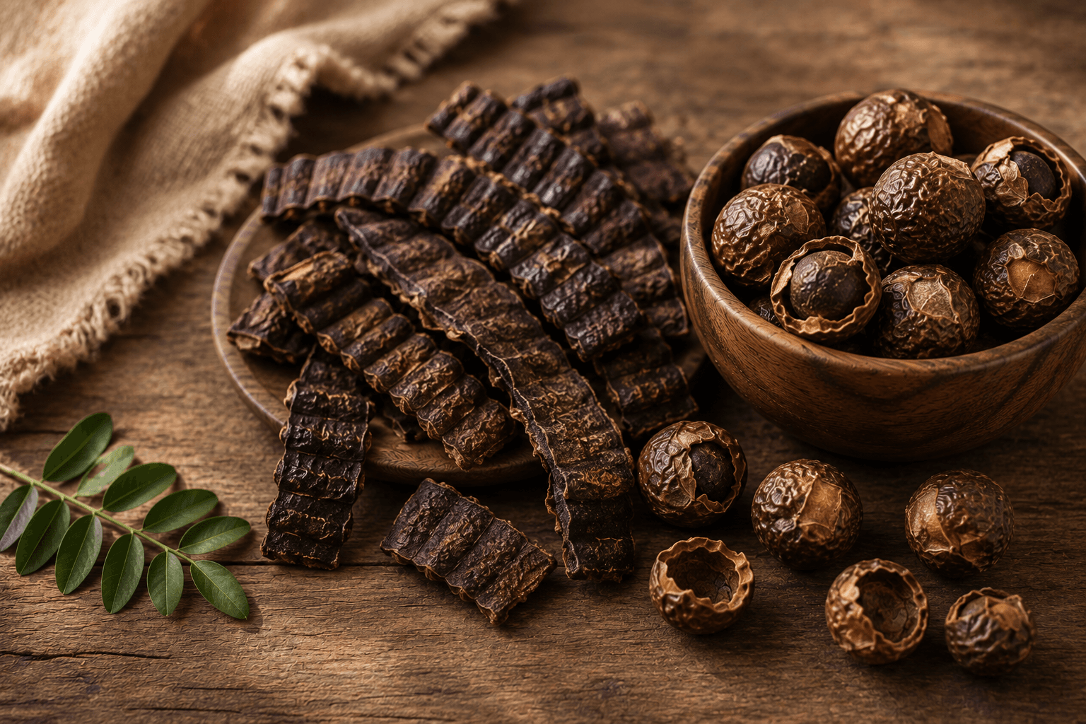 Shikakai pods and reetha (soap nut) on a wooden surface