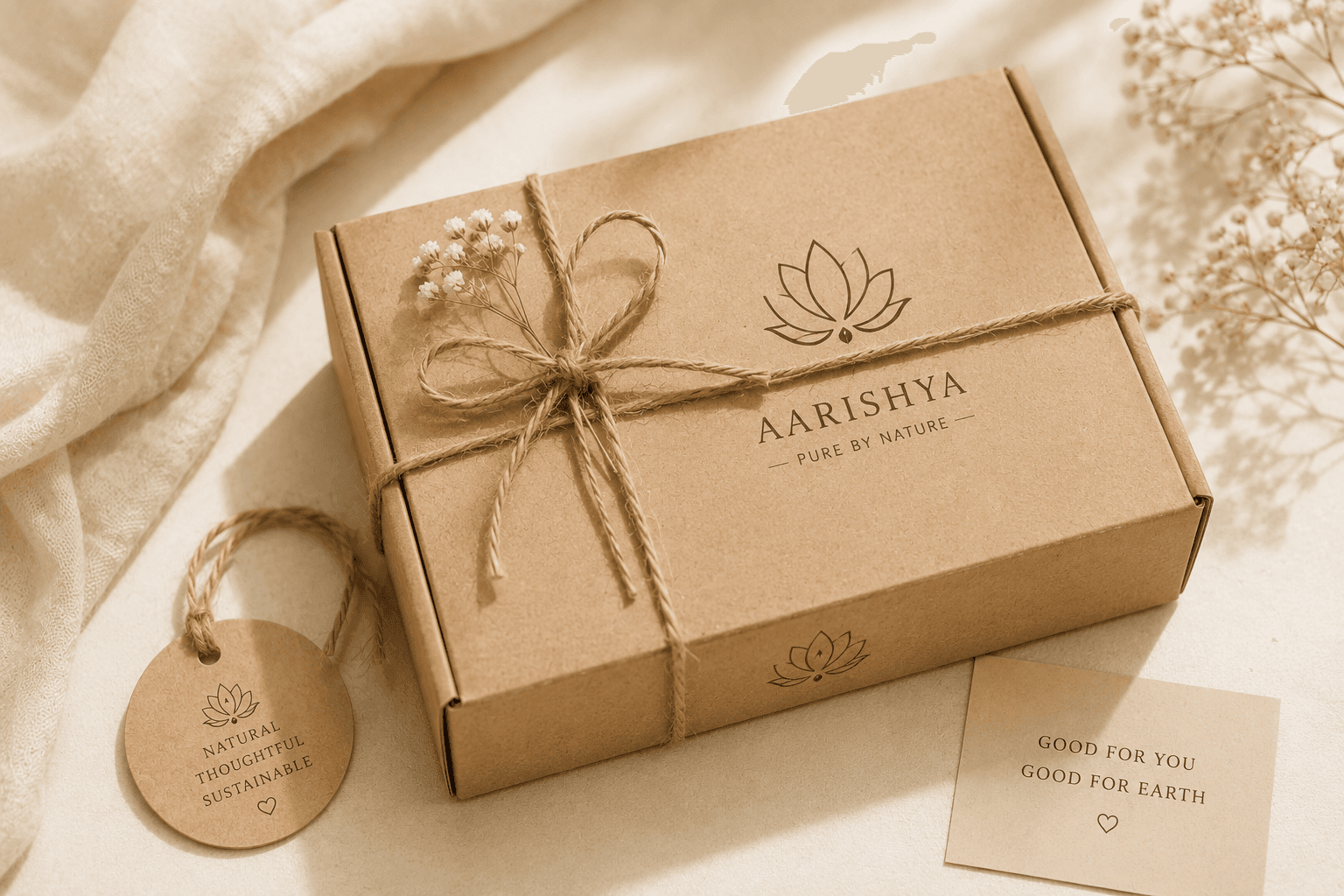 Brown kraft gift box with lotus stamp and twine on a cream background
