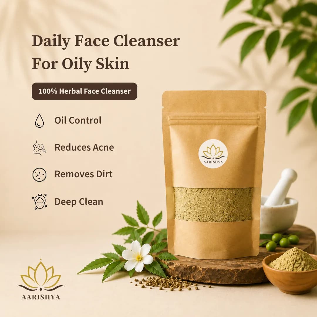 Aarishya Daily Face Cleanser for Oily Skin pouch with neem leaves and herbal powder