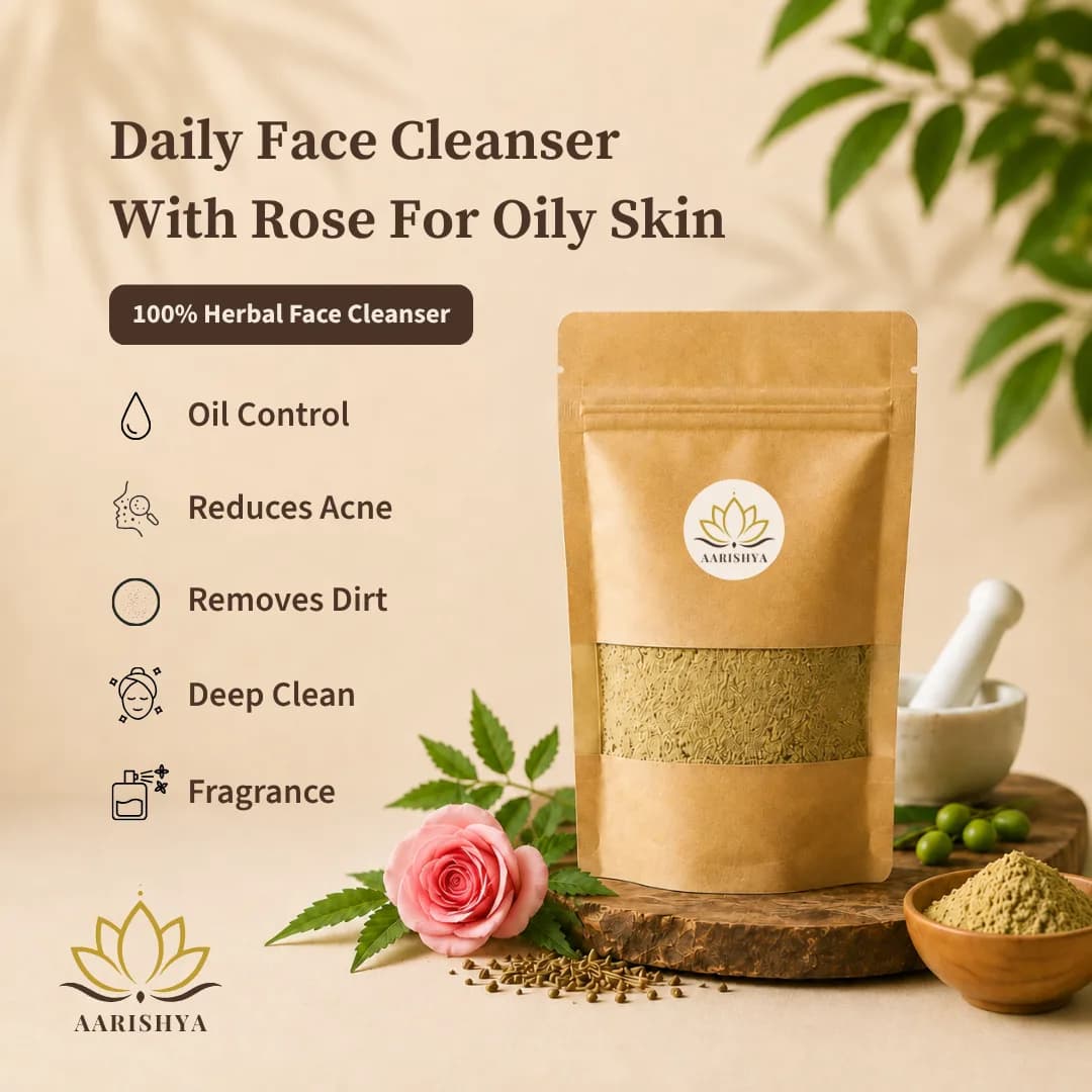 Aarishya Daily Face Cleanser with Rose for Oily Skin pouch with a pink rose