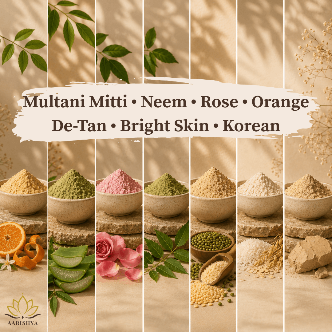 All Face Packs Trial Combo — Bright Skin Face Pack, De-tan Face Pack, Korean Face Pack, Multani Mitti Face Pack, Neem Face Pack, Orange Face Pack, Rose Face Pack in 20 g sizes